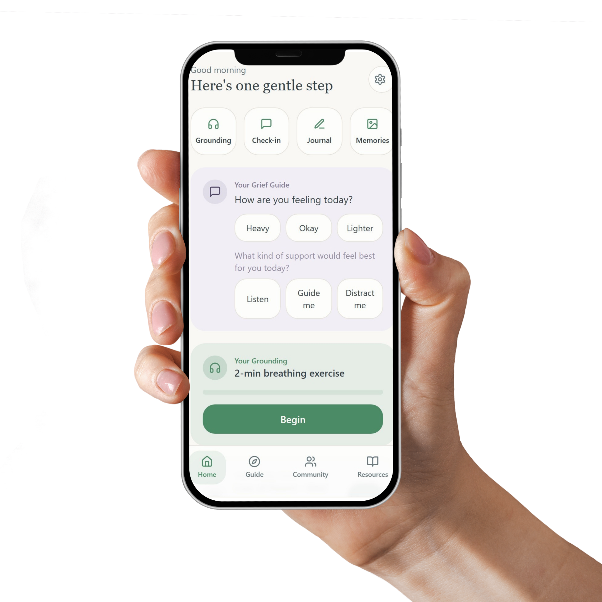 A hand holding a phone showing the AI GriefGuide app